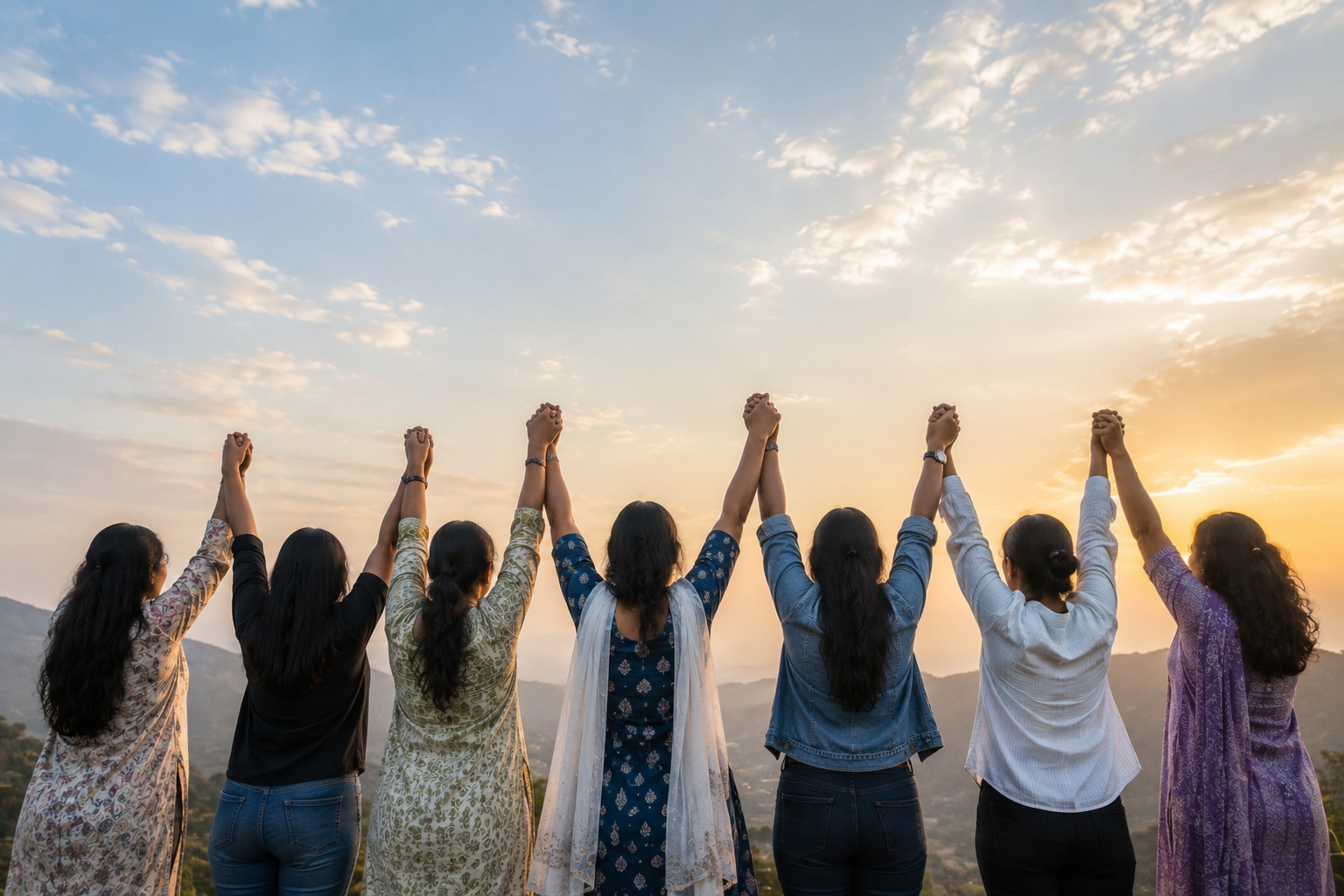 A group of women standing together at sunset, hands raised in solidarity